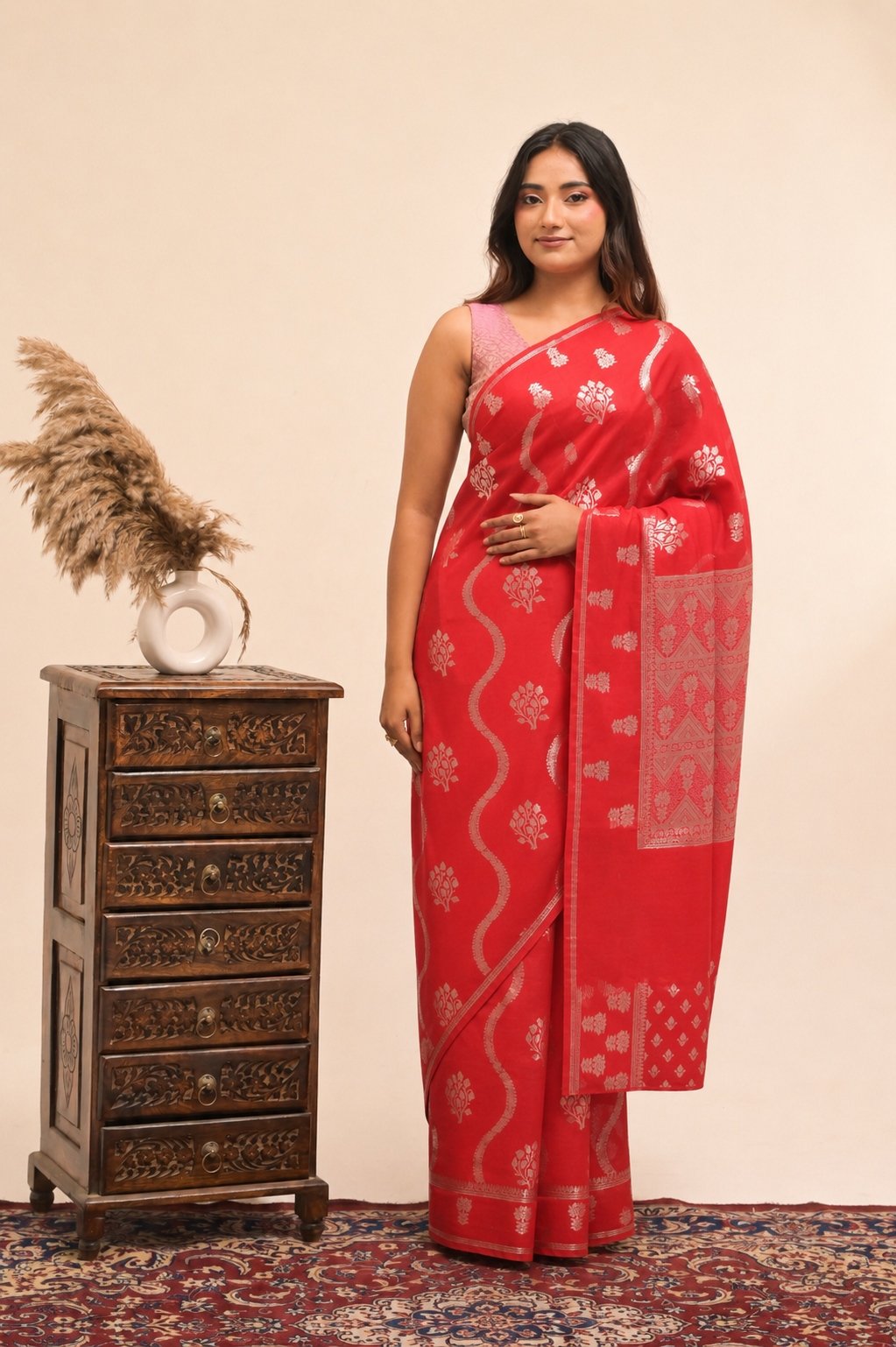 Crimson Red Banarasi Silk Saree with Wavy Silver Zari buti & Rich Traditional Pallu